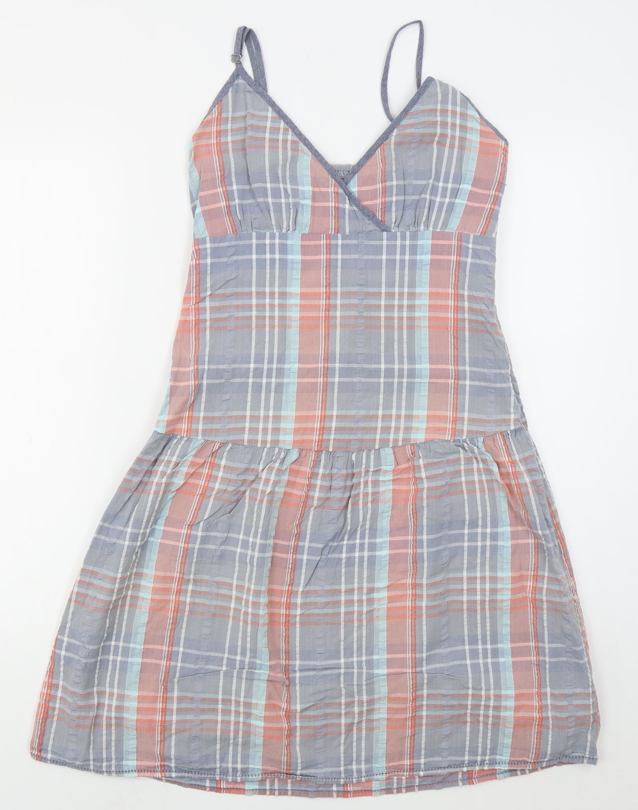 Fat Face Womens Blue Check Cotton Skater Dress  Size 8  V-Neck Zip