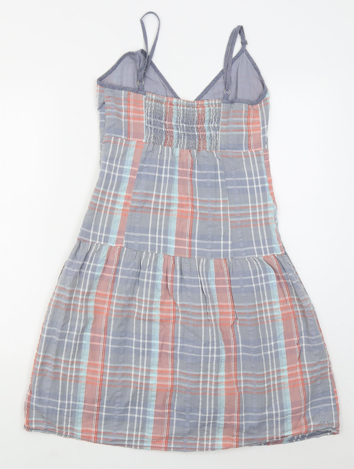Fat Face Womens Blue Check Cotton Skater Dress  Size 8  V-Neck Zip