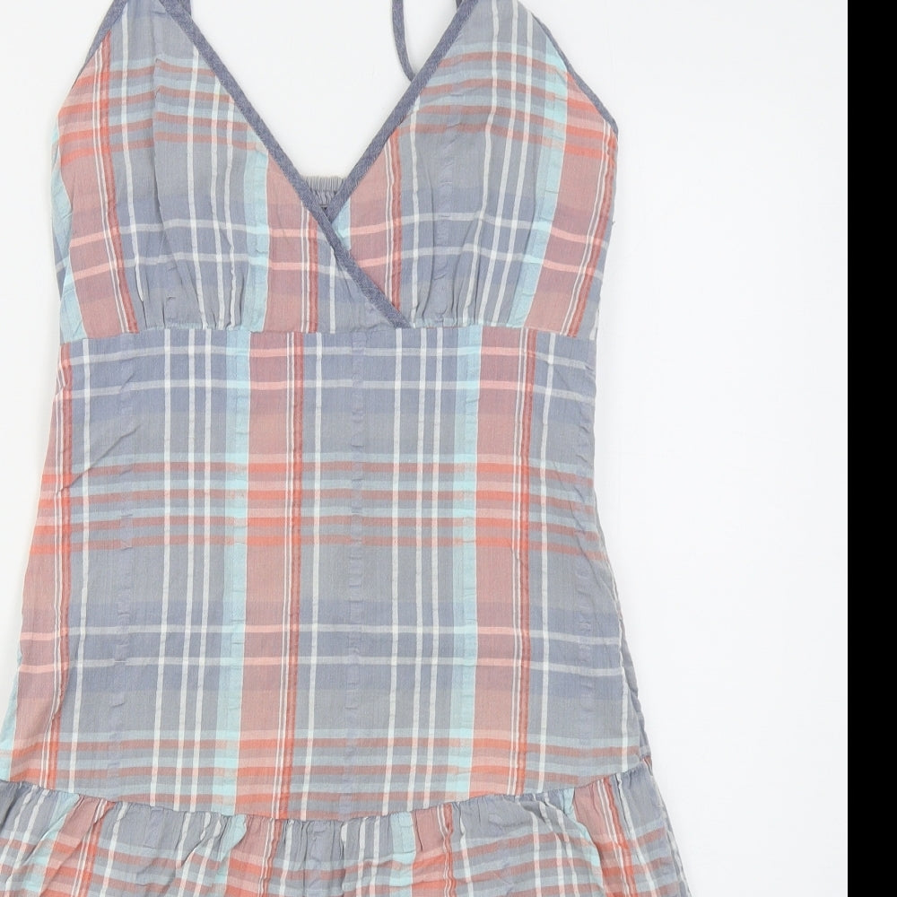 Fat Face Womens Blue Check Cotton Skater Dress  Size 8  V-Neck Zip