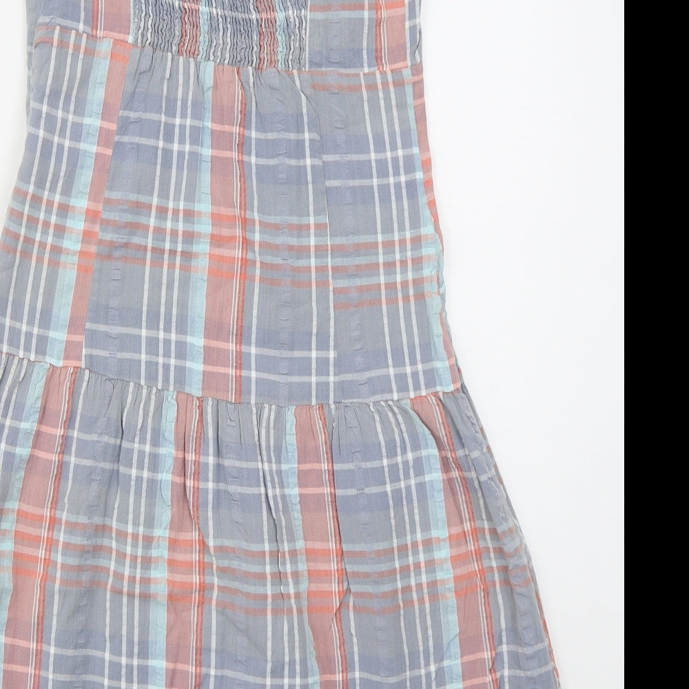 Fat Face Womens Blue Check Cotton Skater Dress  Size 8  V-Neck Zip