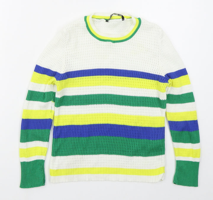 Stradivarius Womens White Crew Neck Striped Cotton Shrug Jumper Size M   - Green and Yellow