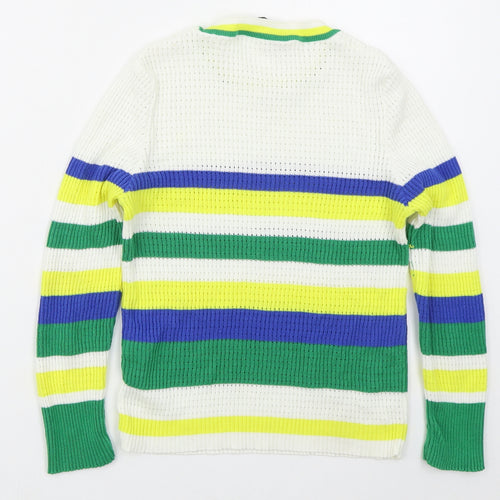 Stradivarius Womens White Crew Neck Striped Cotton Shrug Jumper Size M   - Green and Yellow