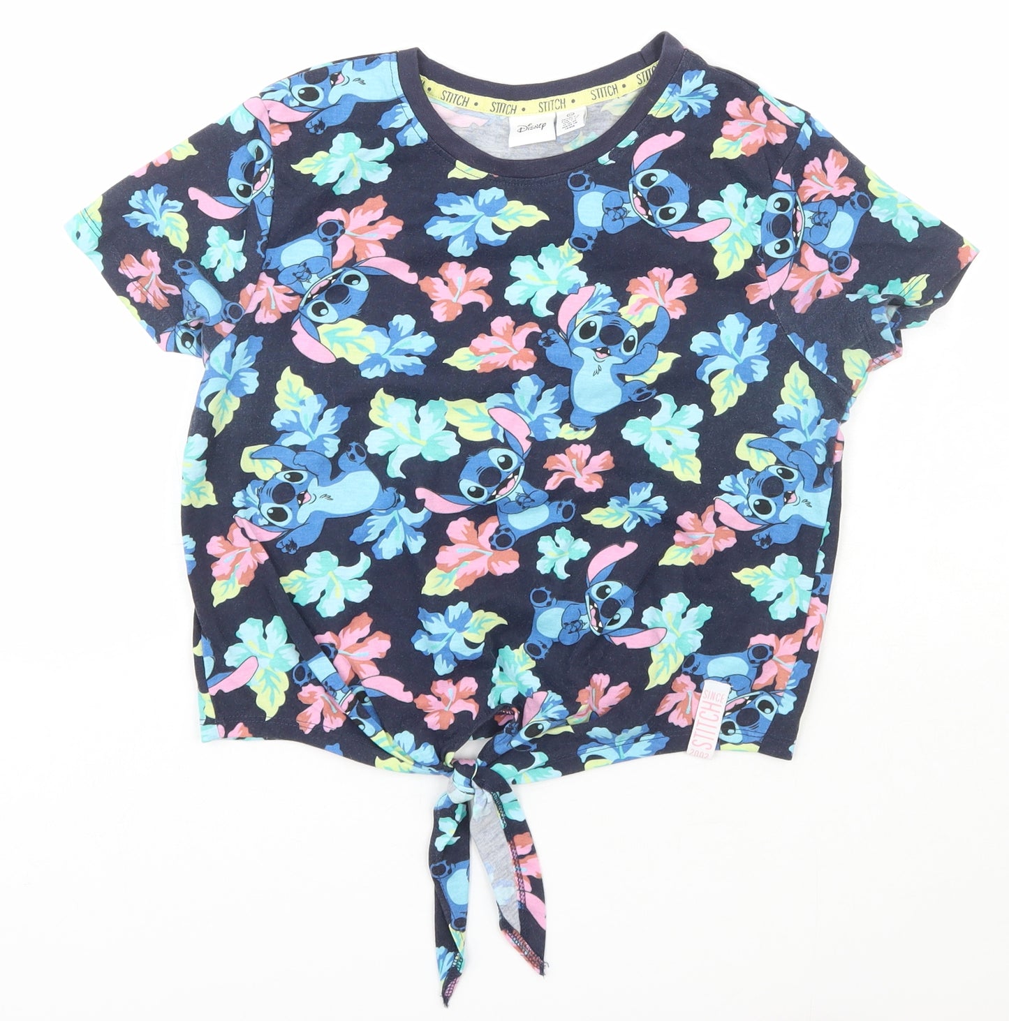 Primark Womens Blue Geometric Polyester Basic T-Shirt Size XS Scoop Neck - Lilo & Stitch Disney