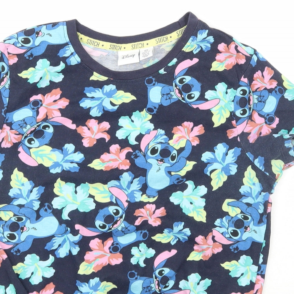Primark Womens Blue Geometric Polyester Basic T-Shirt Size XS Scoop Neck - Lilo & Stitch Disney