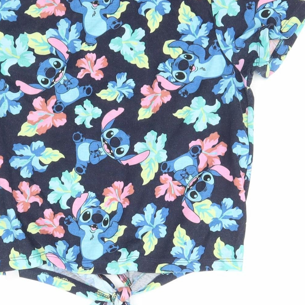 Primark Womens Blue Geometric Polyester Basic T-Shirt Size XS Scoop Neck - Lilo & Stitch Disney