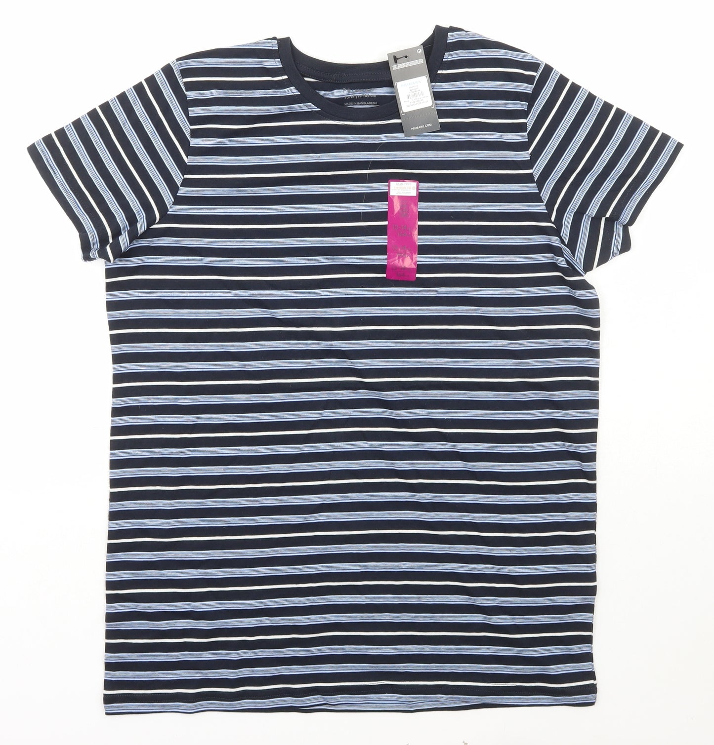 Primark Boys Blue Striped Cotton Basic T-Shirt Size 13-14 Years Crew Neck Pullover