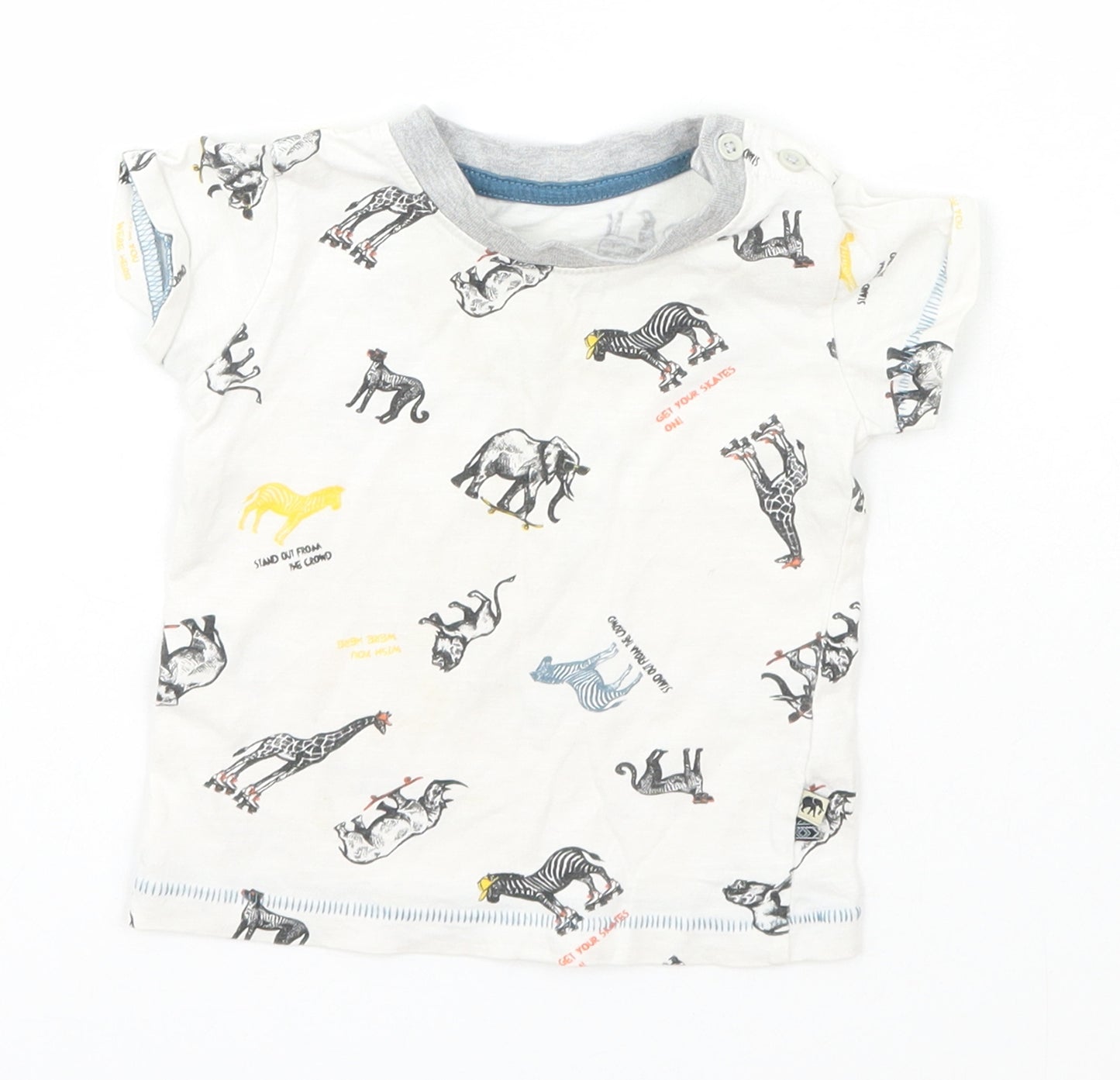 Matalan Baby White Geometric Cotton Basic T-Shirt Size 3-6 Months Roll Neck Pullover - zoo animals