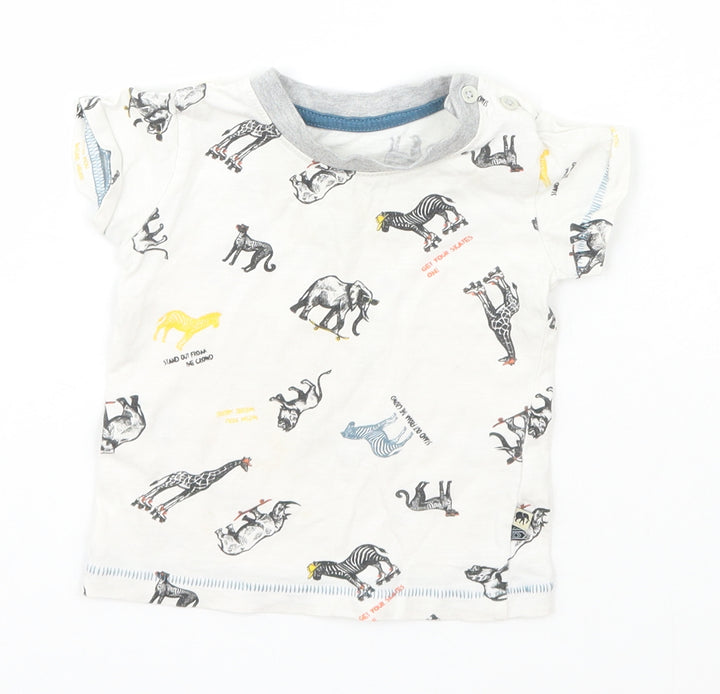 Matalan Baby White Geometric Cotton Basic T-Shirt Size 3-6 Months Roll Neck Pullover - zoo animals