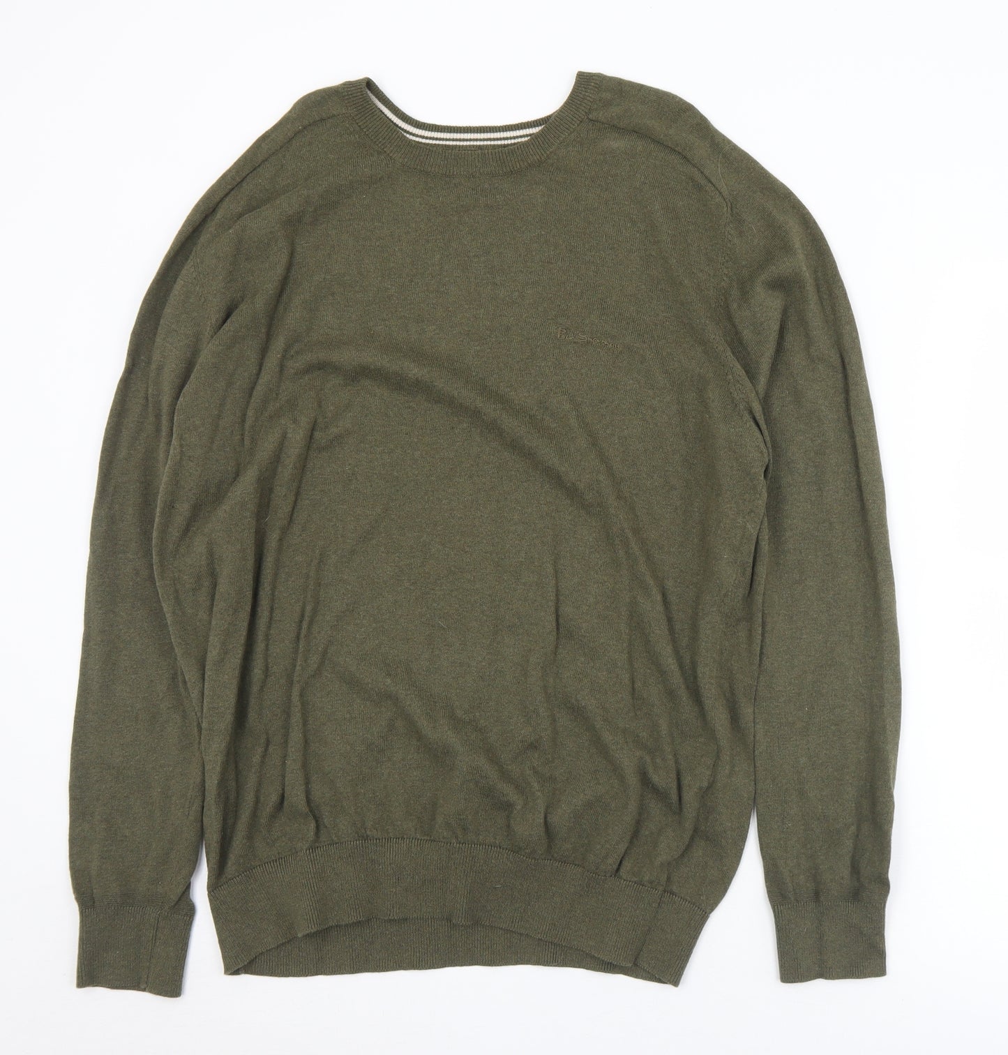 Ben Sherman Mens Green Crew Neck  Cotton Pullover Jumper Size L