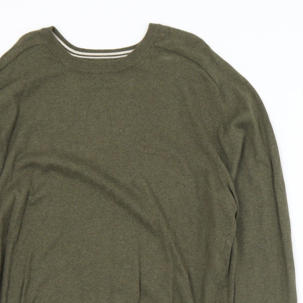 Ben Sherman Mens Green Crew Neck  Cotton Pullover Jumper Size L