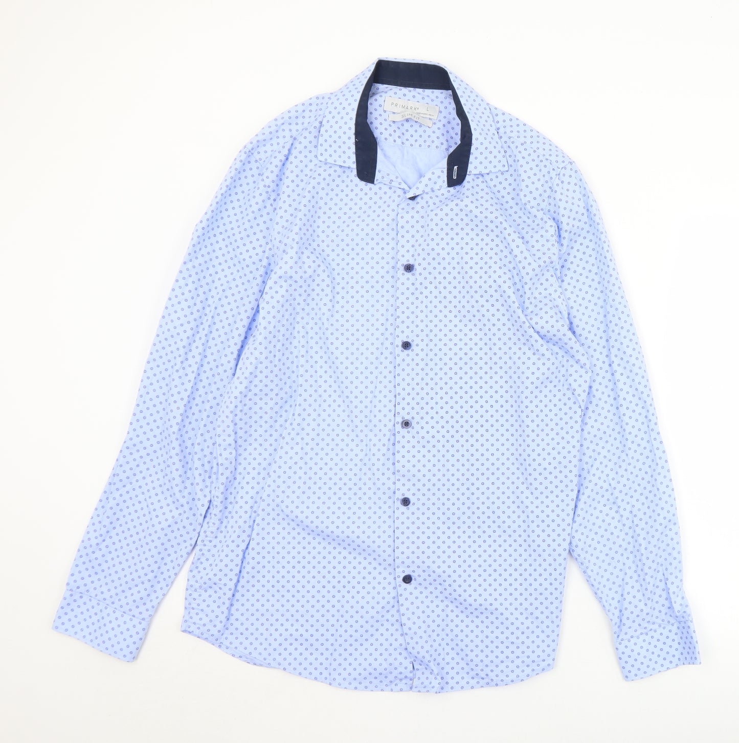 Primark Mens Blue Floral Cotton  Dress Shirt Size L Collared Button