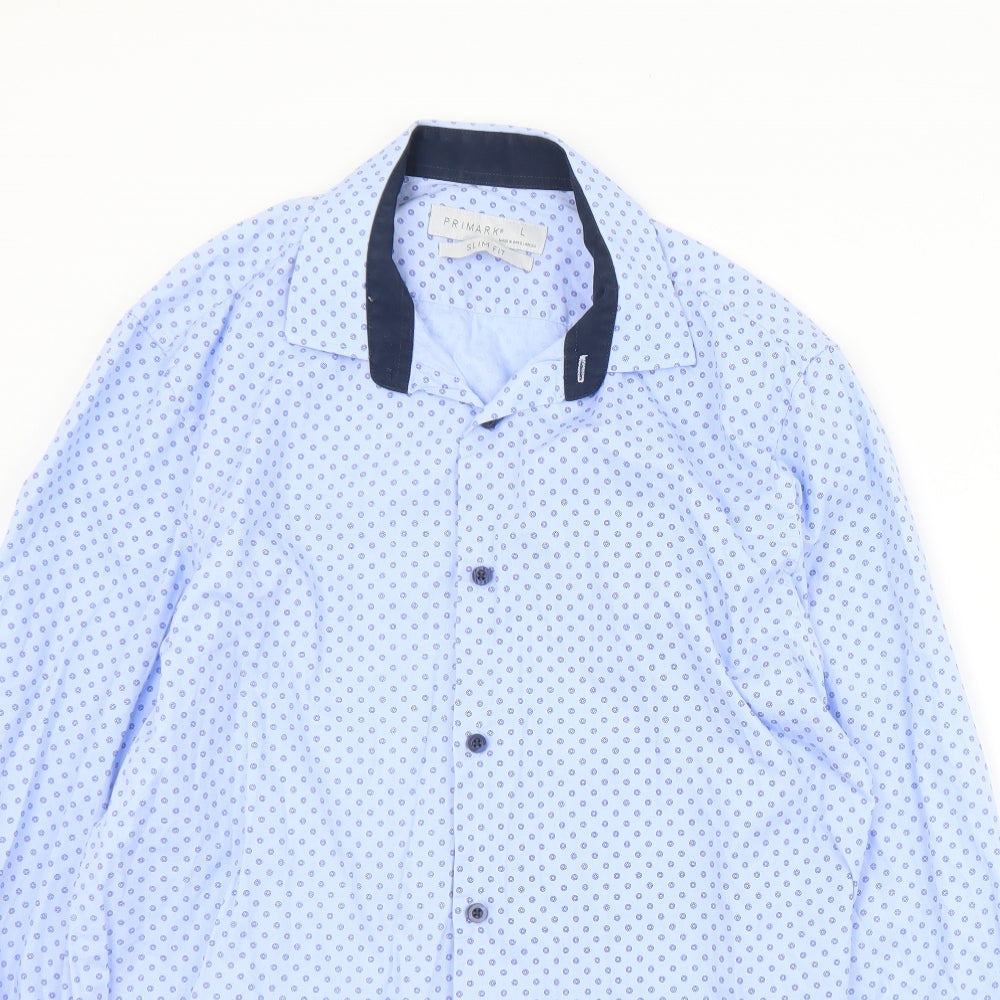 Primark Mens Blue Floral Cotton  Dress Shirt Size L Collared Button