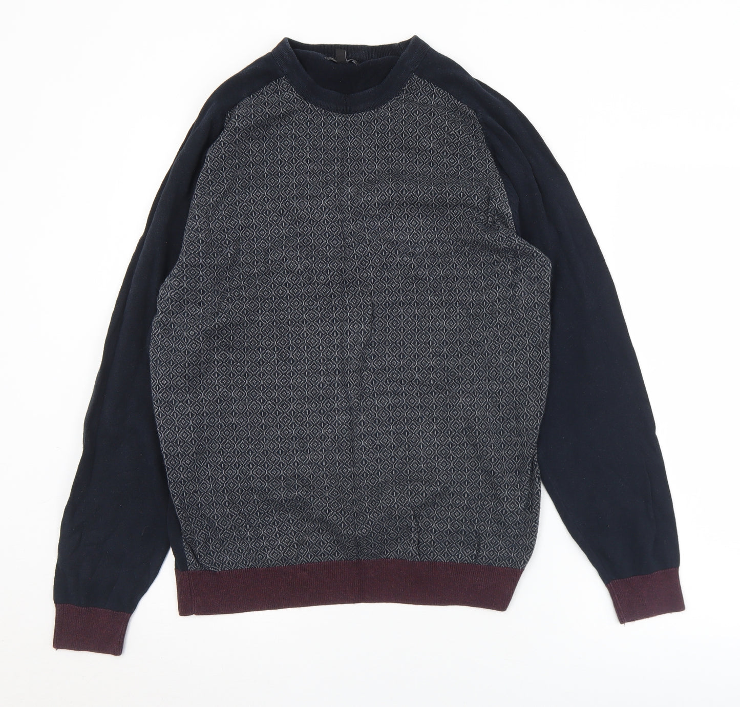 NEXT Mens Black Crew Neck Geometric Cotton Pullover Jumper Size L