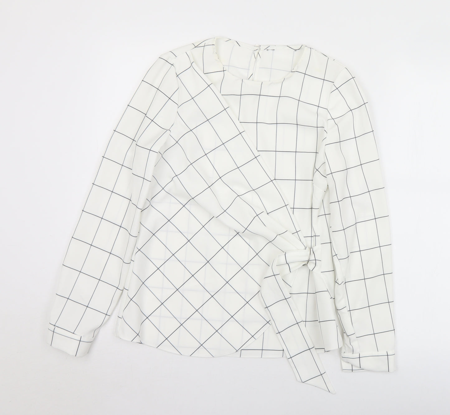 F&F Womens White Check Polyester Wrap Blouse Size 8 Round Neck