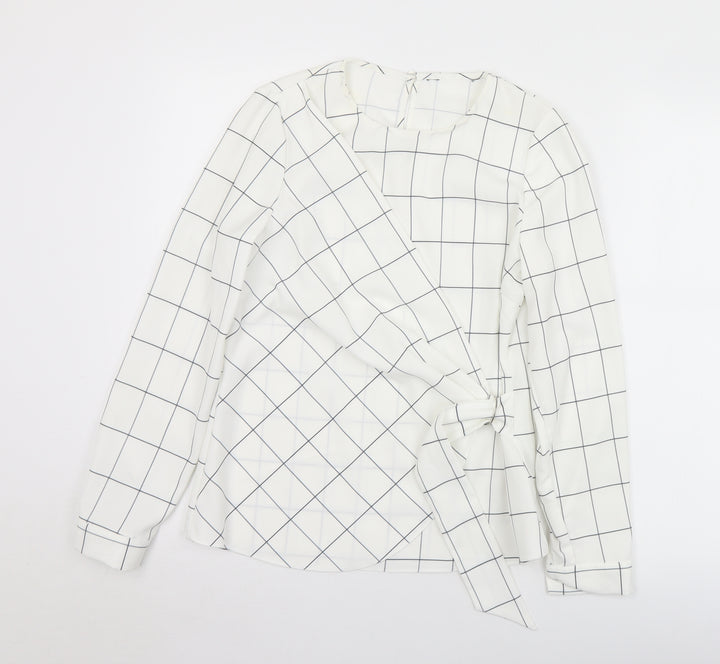 F&F Womens White Check Polyester Wrap Blouse Size 8 Round Neck