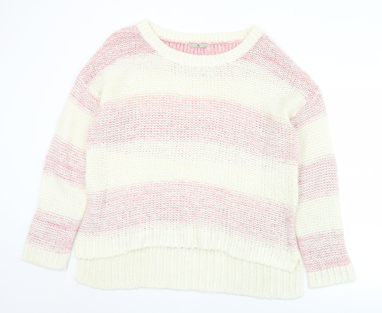 TU Womens Pink Round Neck Striped Acrylic Pullover Jumper Size 22