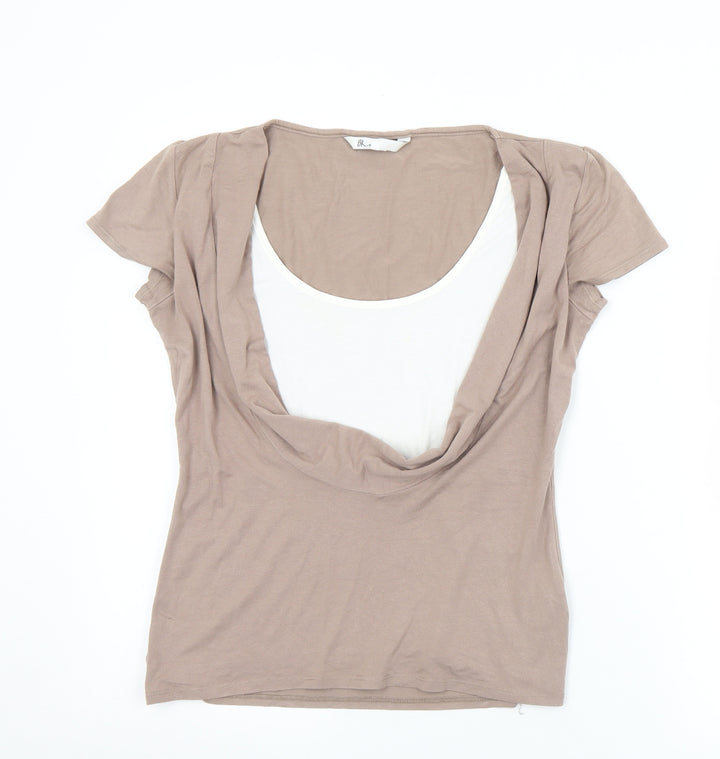 BHS Womens Brown Viscose Basic T-Shirt Size 10 Cowl Neck