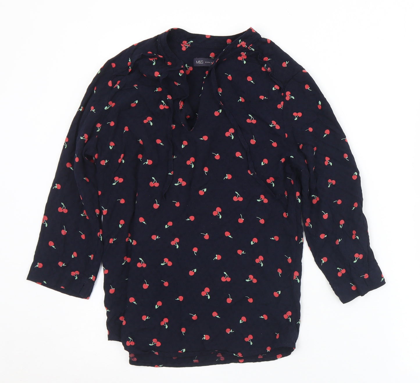 Marks and Spencer Womens Black Geometric Viscose Basic Blouse Size 8 Round Neck - Cherries