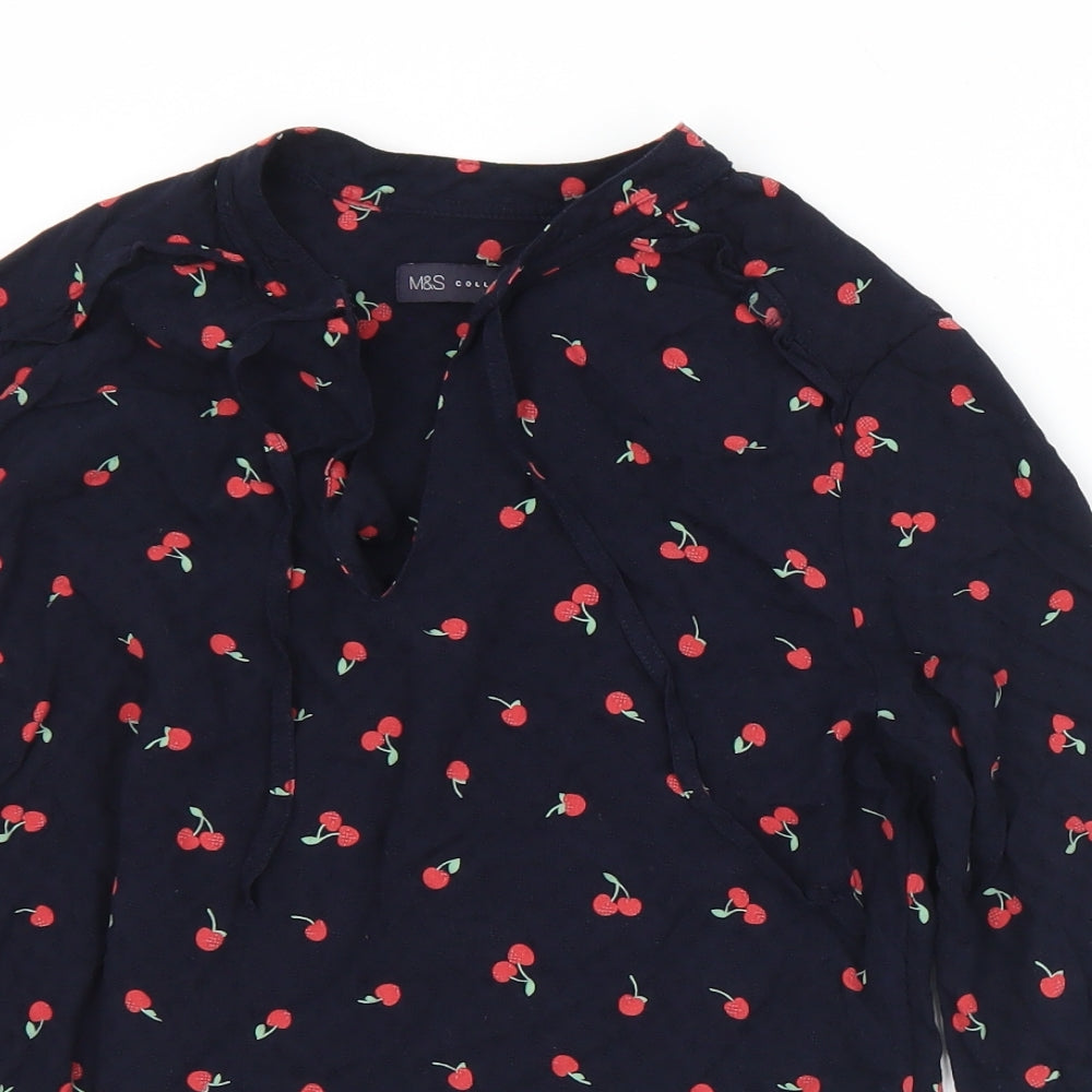 Marks and Spencer Womens Black Geometric Viscose Basic Blouse Size 8 Round Neck - Cherries