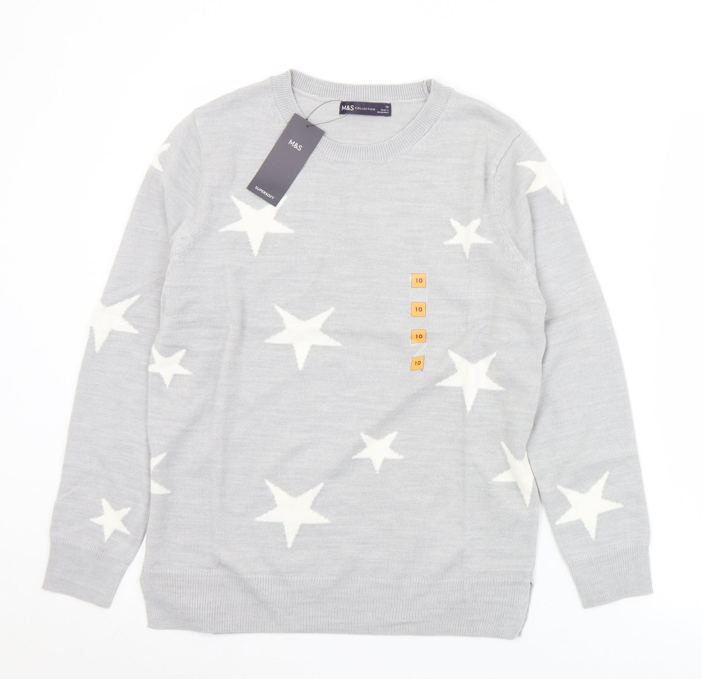 Marks and Spencer Womens Grey Crew Neck Geometric Acrylic Pullover Jumper Size 10   - Stars