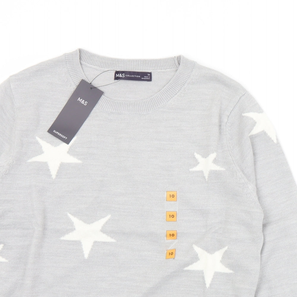 Marks and Spencer Womens Grey Crew Neck Geometric Acrylic Pullover Jumper Size 10   - Stars