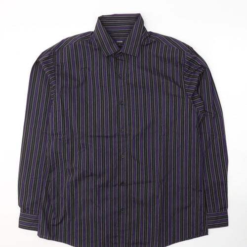 George Mens Purple Striped Polyester  Button-Up Size L Collared Button