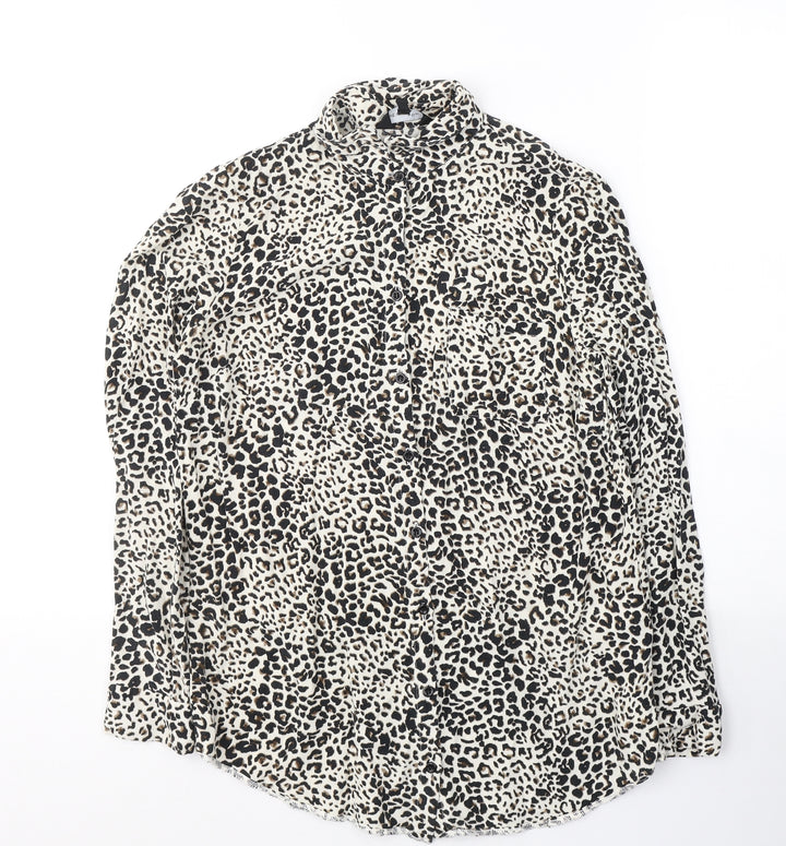 New Look Womens Beige Animal Print Viscose Basic Button-Up Size 10 Collared