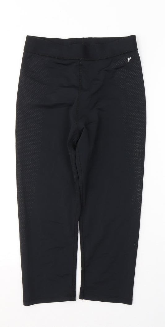 Front view of WORKOUT women’s black polyester cropped leggings, size UK 10, 18-inch leg regular pullover