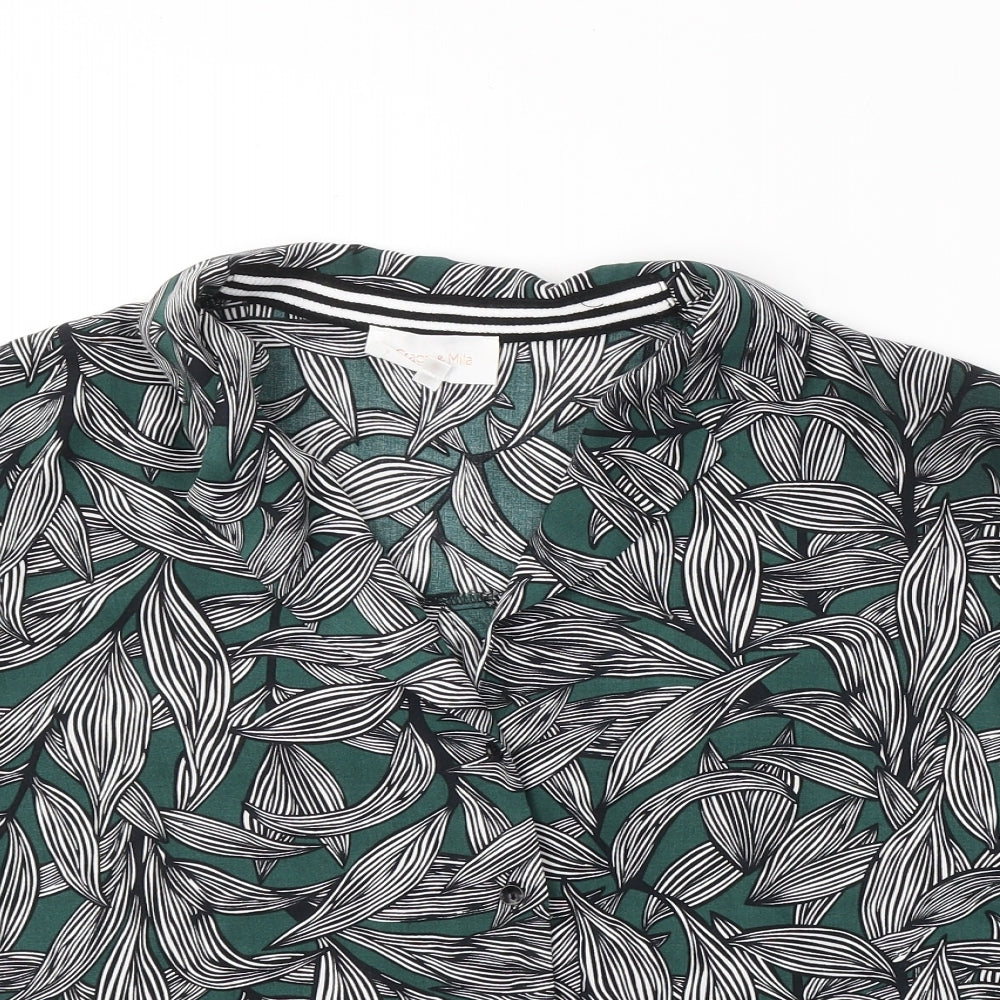 Grace & Mila Womens Green Floral Viscose Basic Button-Up Size M Collared