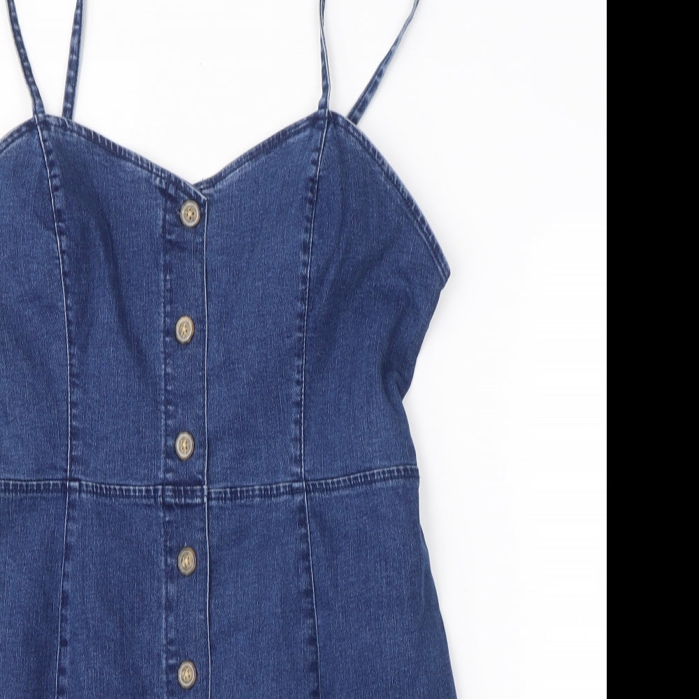 Denim & Co. Womens Blue  Cotton Tank Dress  Size 16  V-Neck Button