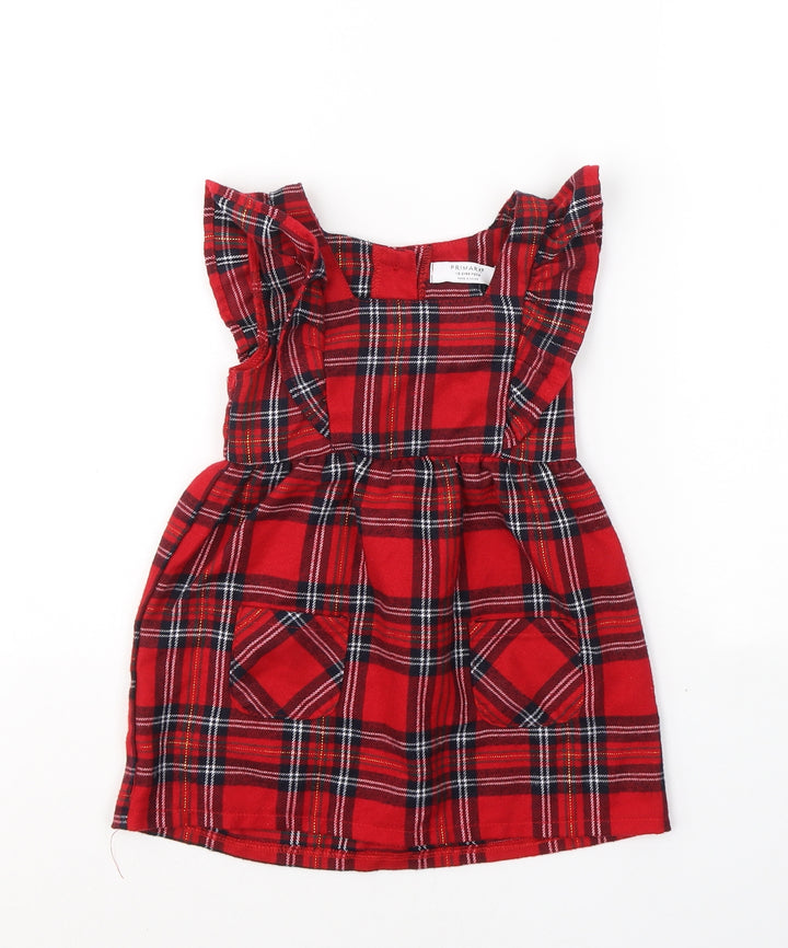Primark Girls Red Plaid Cotton A-Line Size 18-24 Months Round Neck Button