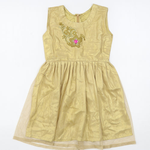 ChenOnel Girls Gold  Polyester Fit & Flare  Size 5-6 Years  Round Neck