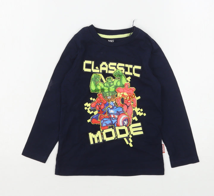 Marks and Spencer Boys Blue Geometric Cotton Basic T-Shirt Size 2-3 Years Round Neck - Avengers