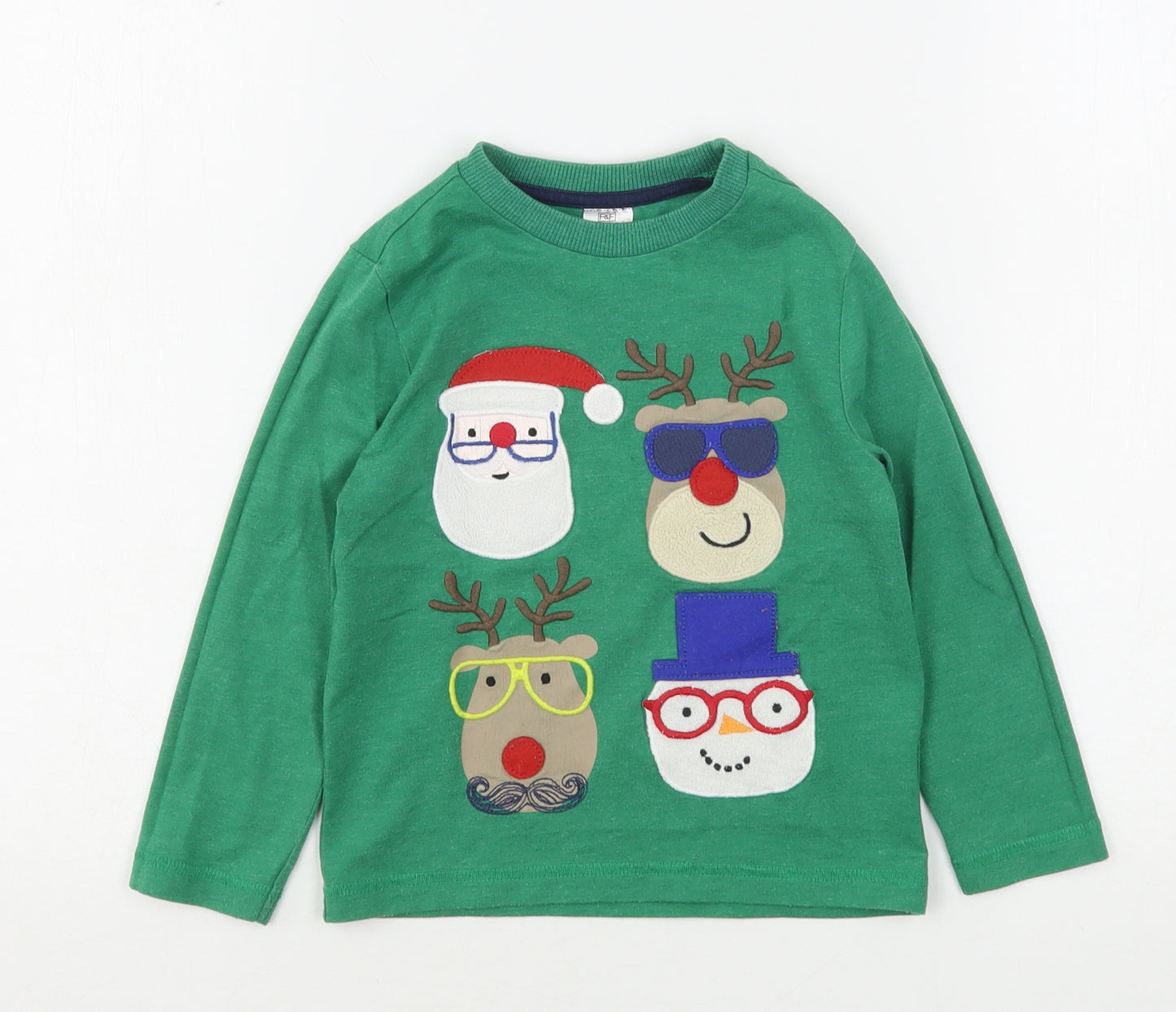F&F Boys Green  Cotton Basic T-Shirt Size 3-4 Years Round Neck  - Christmas