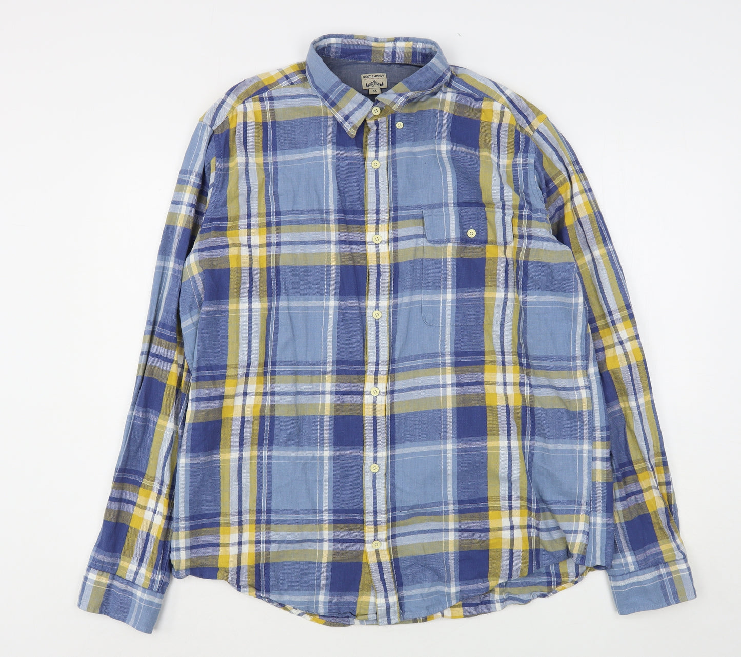 NEXT Mens Blue Plaid Cotton  Button-Up Size XL Collared