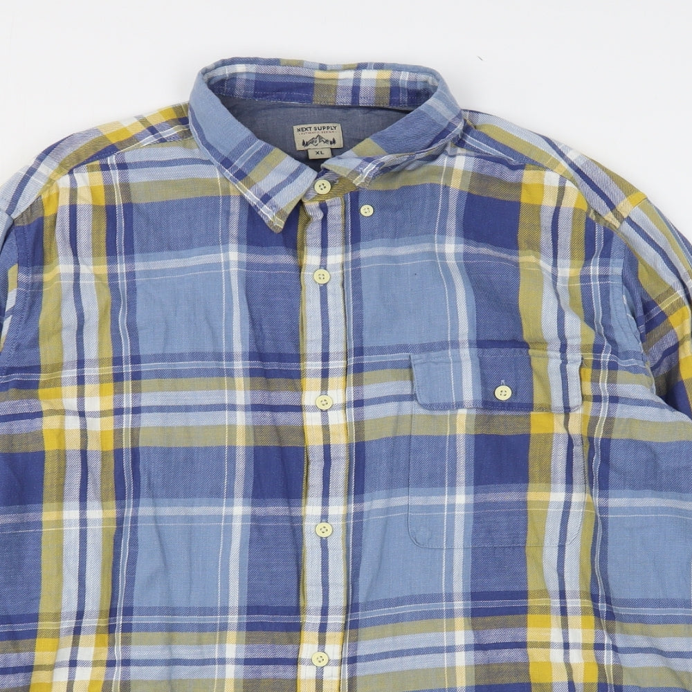 NEXT Mens Blue Plaid Cotton  Button-Up Size XL Collared