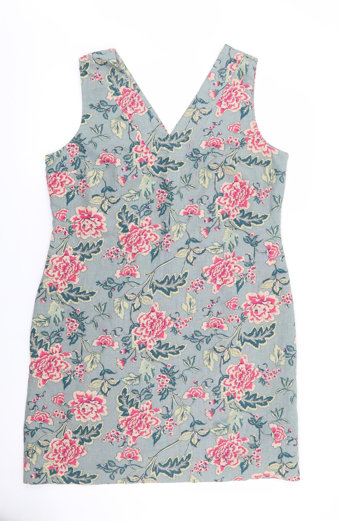 Preworn Womens Multicoloured Floral Linen Shift  Size 14  V-Neck Zip