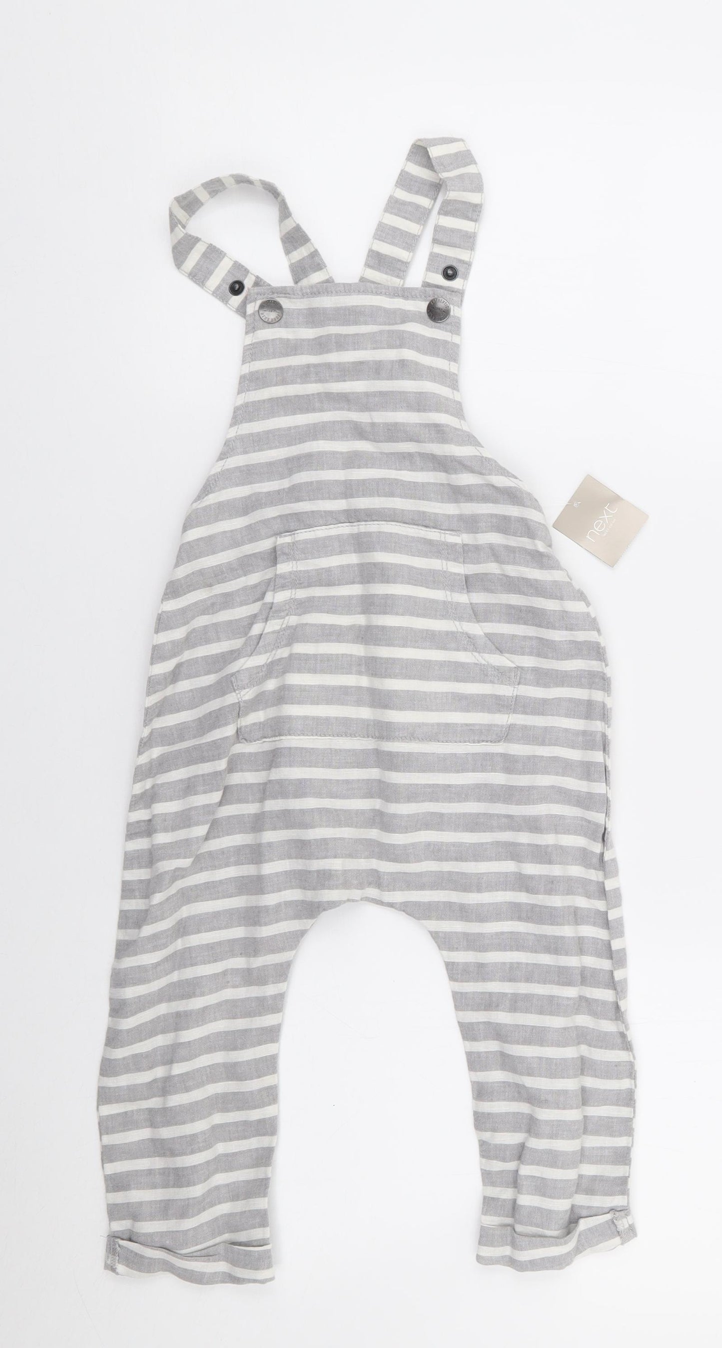 NEXT Boys Grey Striped Linen Dungarees Trousers Size 2-3 Years  Regular Snap