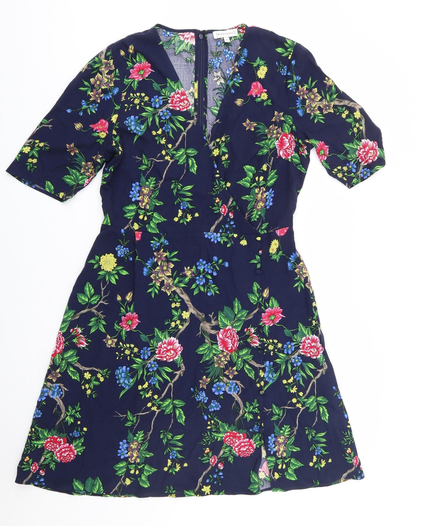Warehouse Womens Multicoloured Floral Viscose Wrap Dress  Size 10  V-Neck Zip