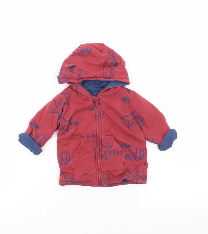 Marks and Spencer` Boys Red Geometric Cotton Full Zip Jumper Size 3-6 Months Zip