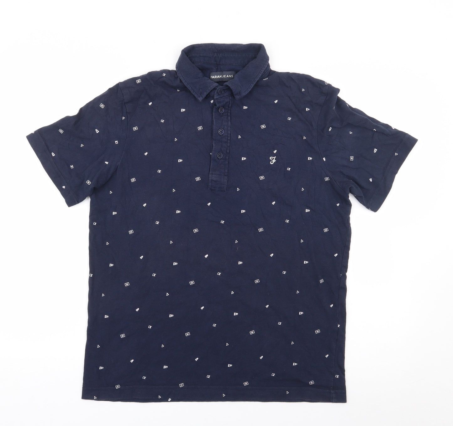 Farah Jeans Mens Blue Geometric Cotton  Polo Size M Collared Pullover