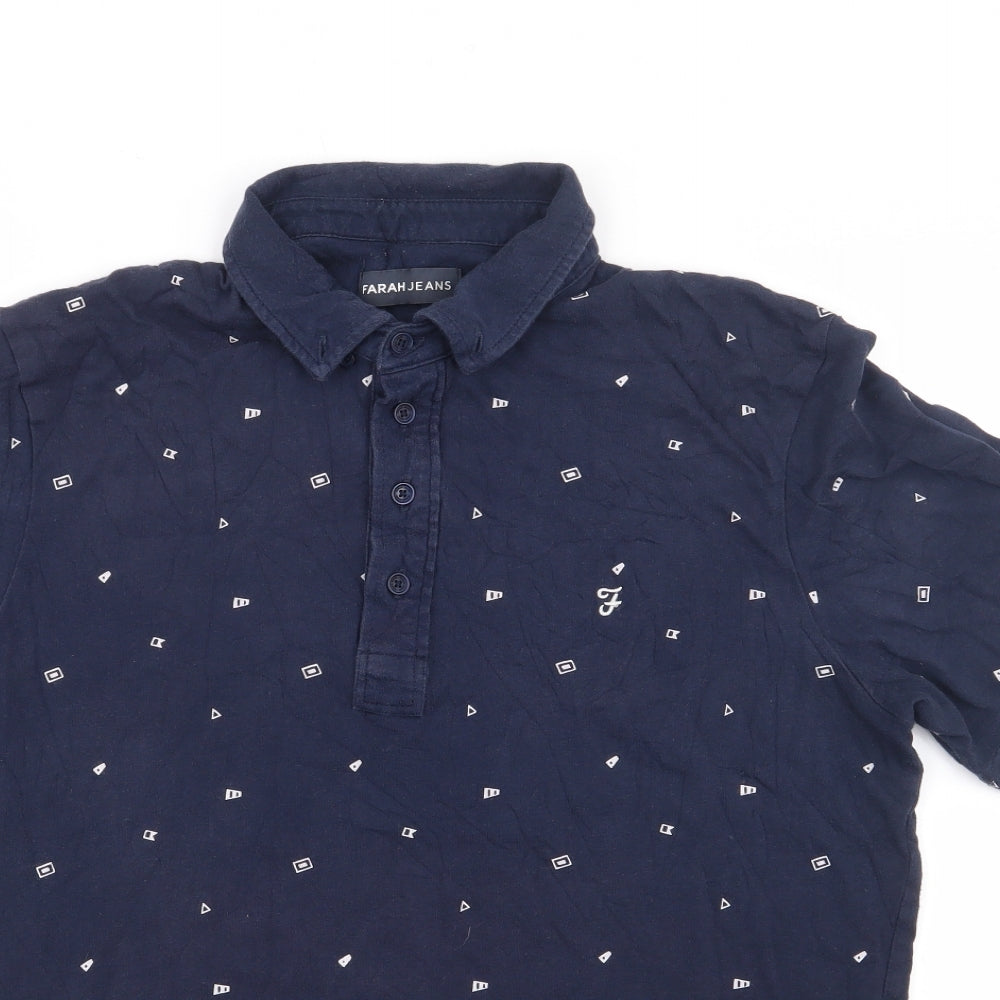 Farah Jeans Mens Blue Geometric Cotton  Polo Size M Collared Pullover
