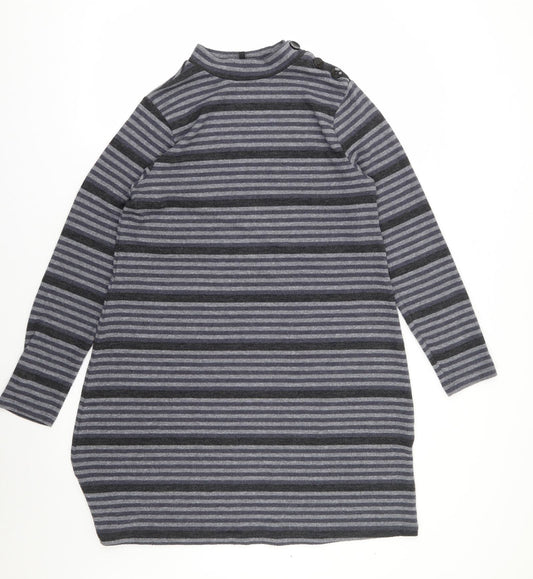 Front view of Peacocks women’s multicoloured striped polyester jumper dress, size UK 12, mock neck pullover
