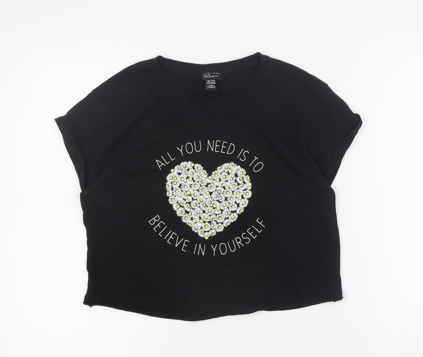 New Look Girls Black  Cotton Pullover T-Shirt Size 12-13 Years Crew Neck Pullover - Cropped