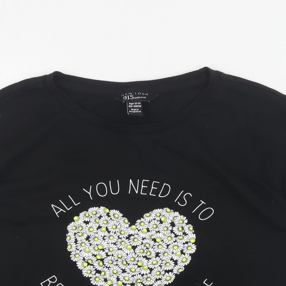 New Look Girls Black  Cotton Pullover T-Shirt Size 12-13 Years Crew Neck Pullover - Cropped