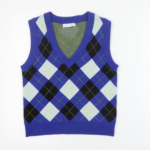 Primark Womens Blue V-Neck Argyle/Diamond Viscose Vest Jumper Size S