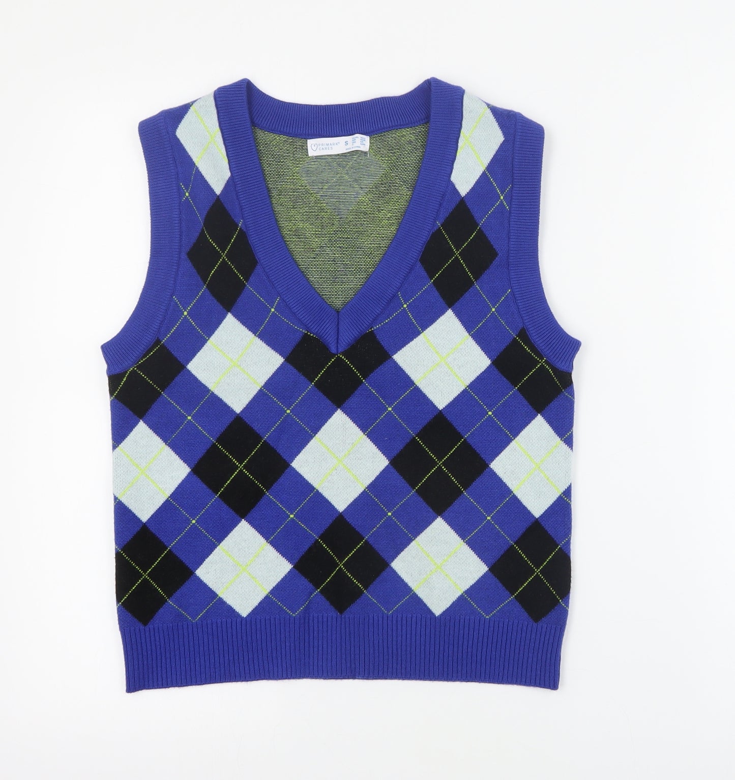 Primark Womens Blue V-Neck Argyle/Diamond Viscose Vest Jumper Size S