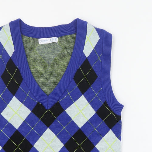 Primark Womens Blue V-Neck Argyle/Diamond Viscose Vest Jumper Size S