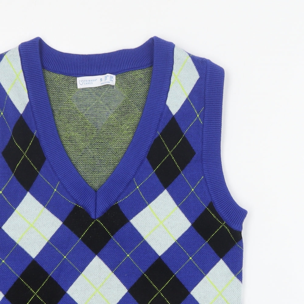 Primark Womens Blue V-Neck Argyle/Diamond Viscose Vest Jumper Size S