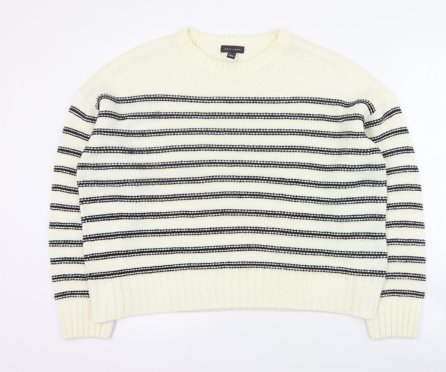New Look Womens Ivory Round Neck Striped Acrylic Pullover Jumper Size L   - Cropped